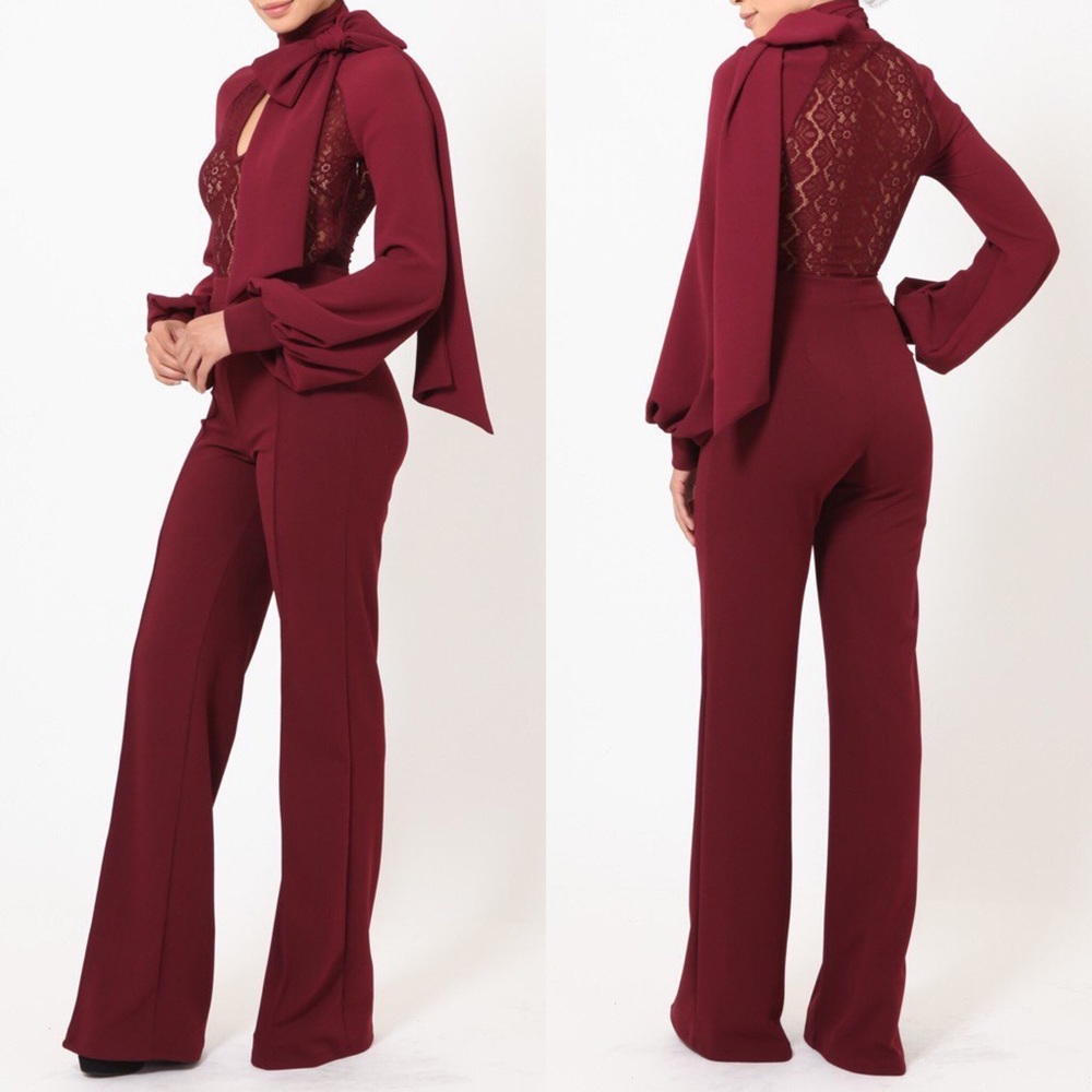 Burgundy lace top jumpsuit - Picture 4 of 7